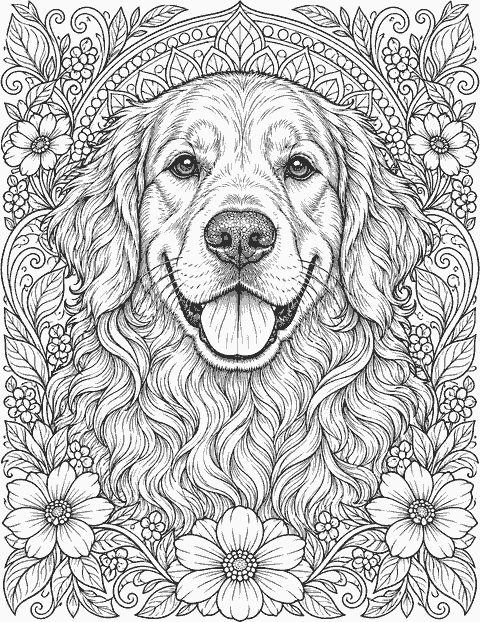 Golden retriever portrait with flowers coloring page