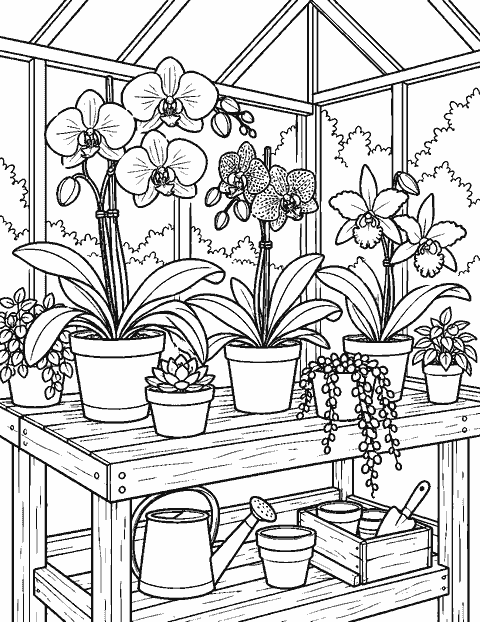 Greenhouse bench with orchids and small pots coloring page