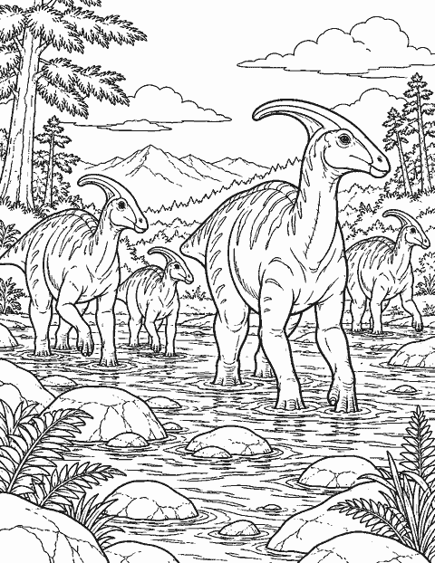Hadrosaur herd crossing a shallow stream coloring page