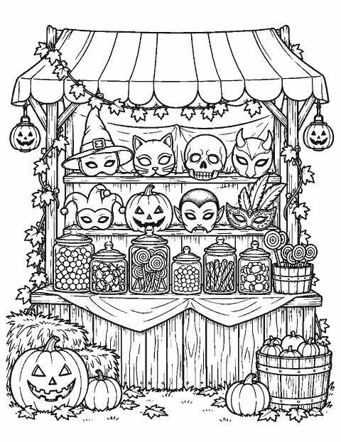 Halloween market stall filled with masks and candy jars coloring page