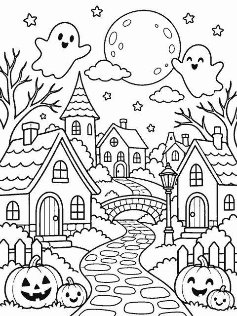Halloween village with friendly ghosts coloring page