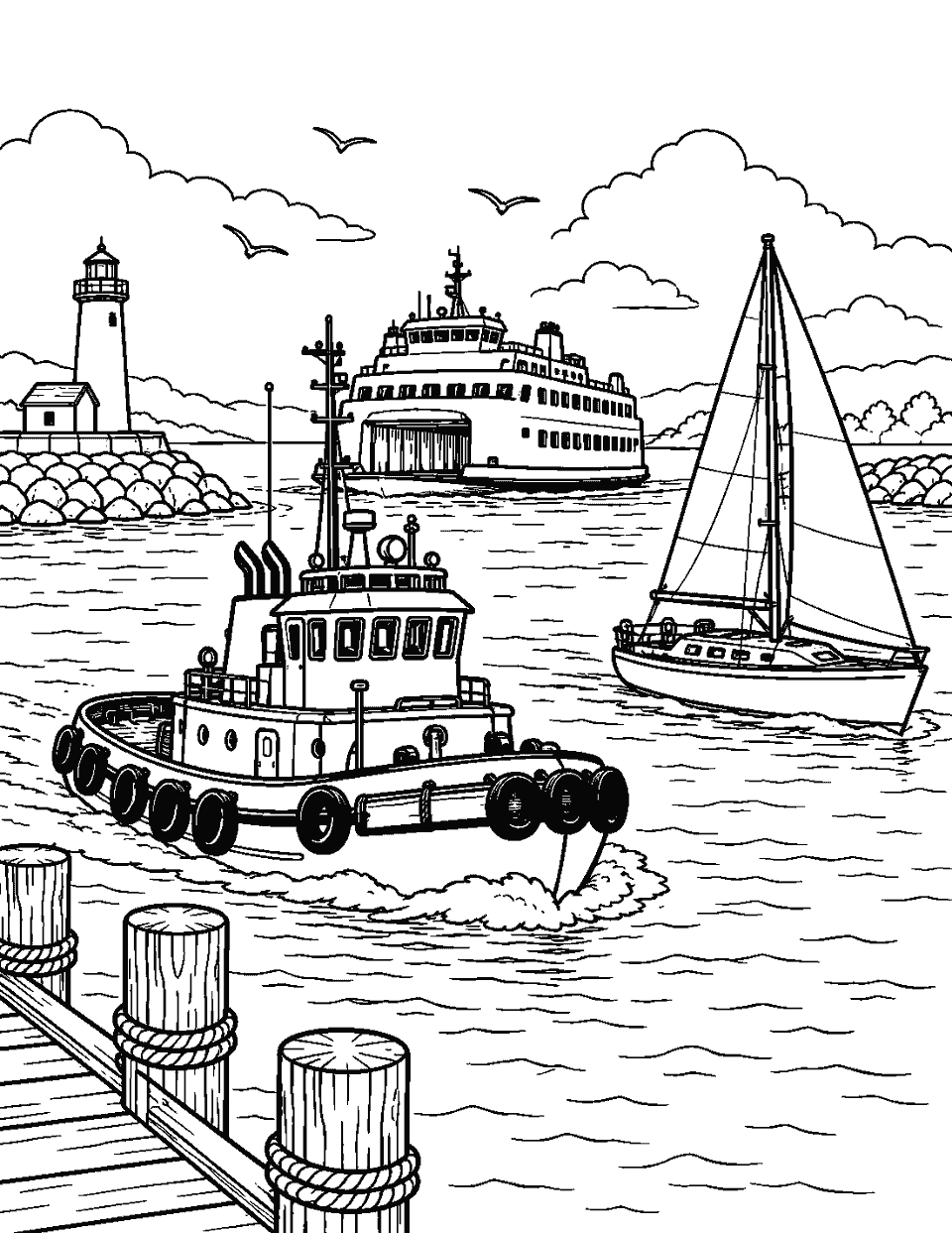 Harbor scene with tugboat, ferry and sailboat coloring page, black and white line art