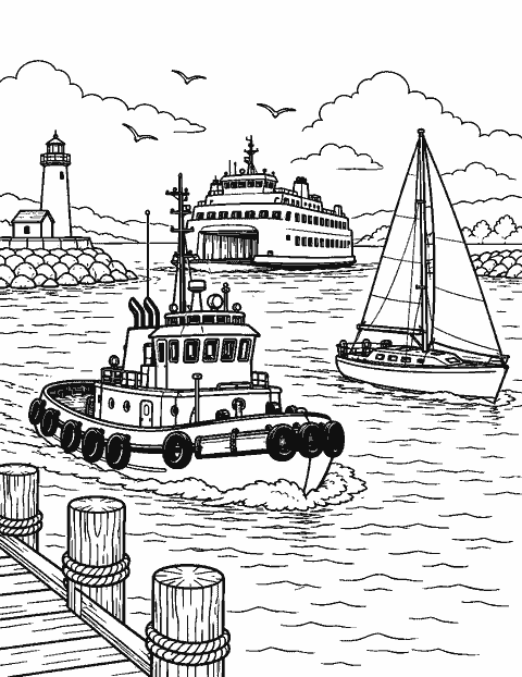 Harbor scene with tugboat, ferry and sailboat coloring page
