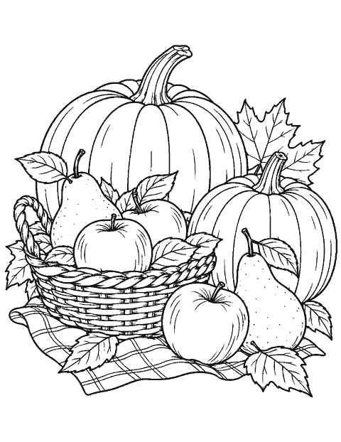 Harvest still life with pumpkins, apples and pears coloring page