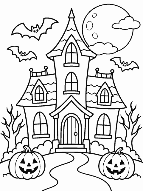 Haunted house with moon and bats coloring page