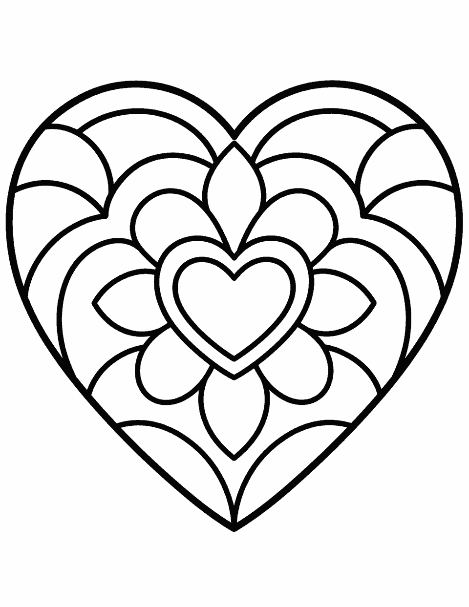 Heart mandala coloring page, black and white line art