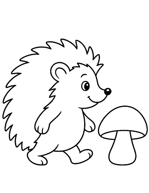 Hedgehog walking beside a mushroom coloring page