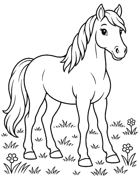 Horse with a simple mane in a meadow coloring page