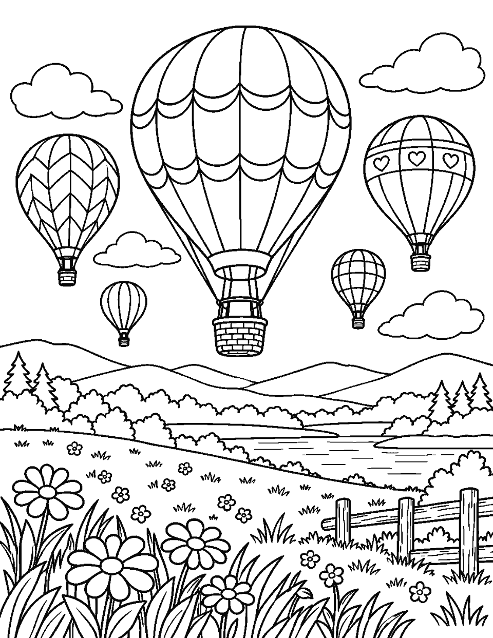 Hot air balloon festival above a meadow coloring page, black and white line art