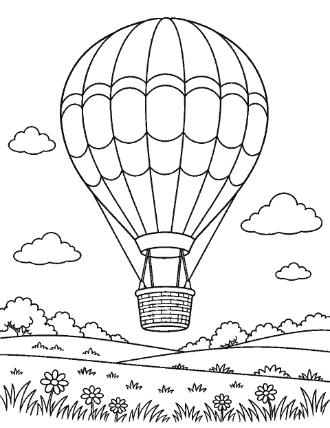 Hot air balloon launching from a field coloring page