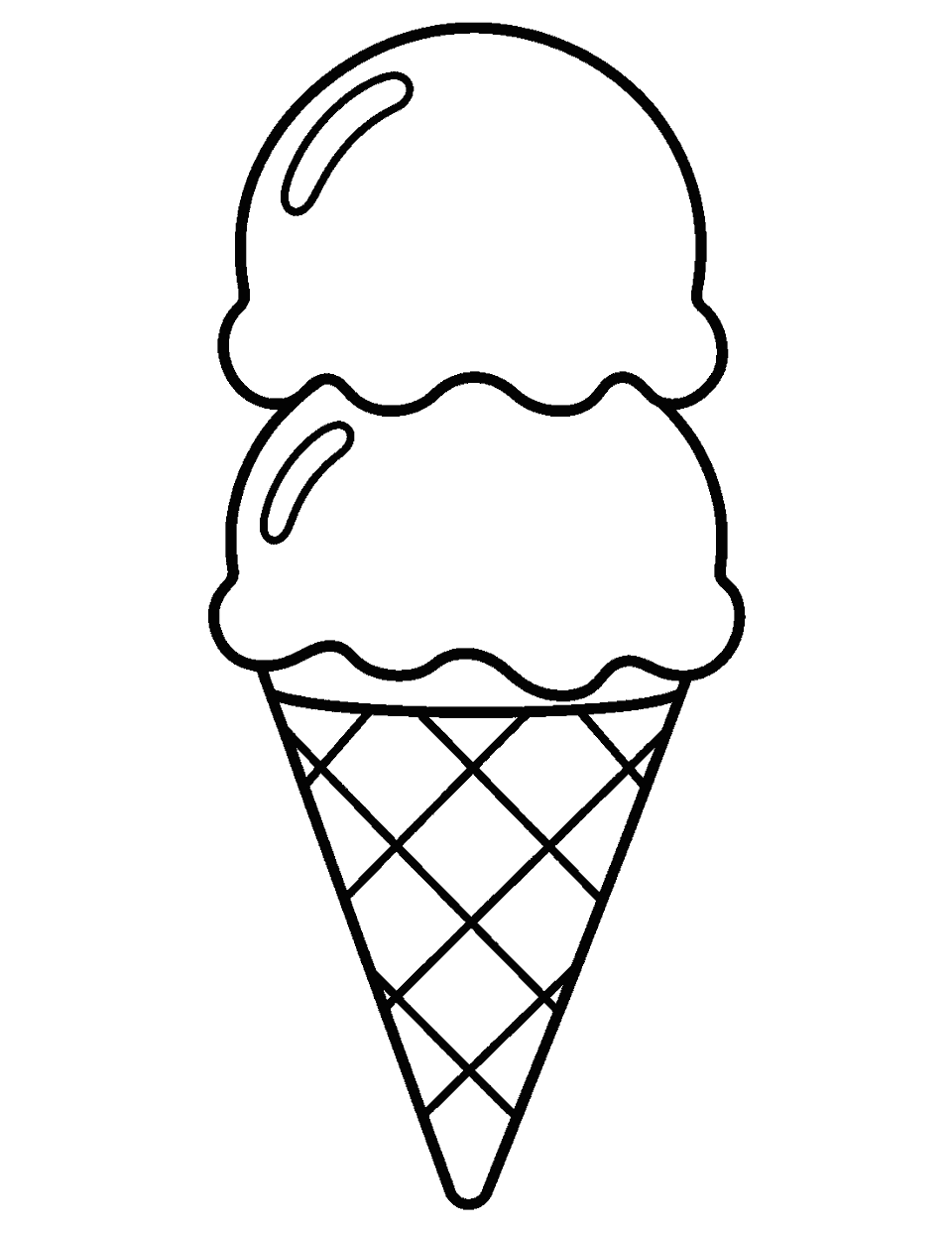 Ice cream cone with two round scoops coloring page, black and white line art