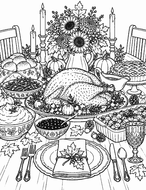 Intricate autumn feast with dishes and centerpiece coloring page