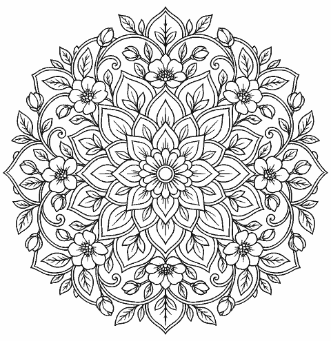Intricate botanical mandala of vines and blossoms coloring page