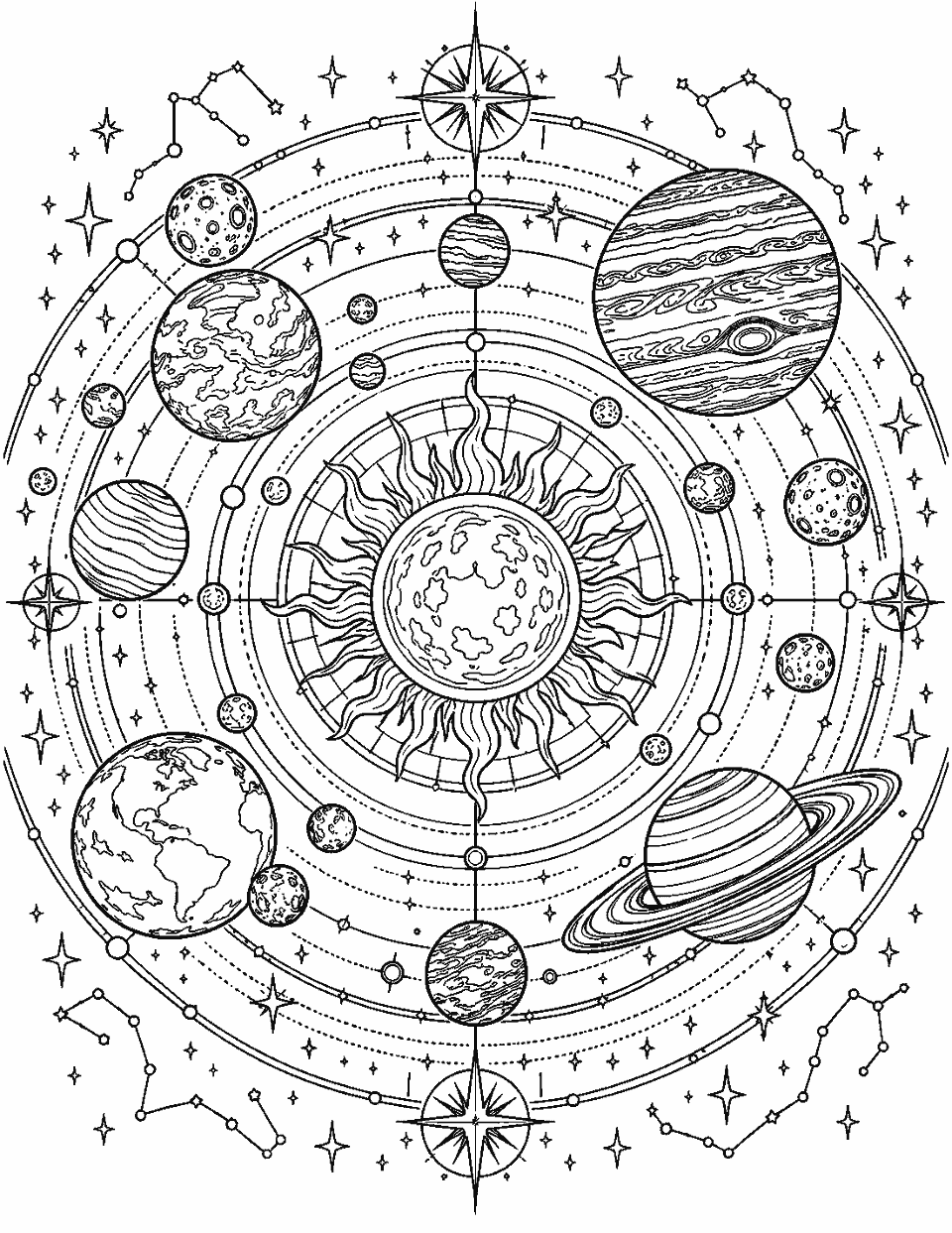 Intricate celestial map with planets, moons and stars coloring page, black and white line art