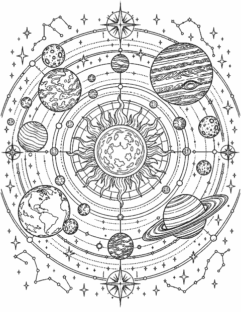 Intricate celestial map with planets, moons and stars coloring page