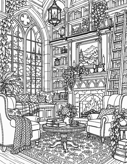 Intricate cozy library with shelves and armchairs coloring page