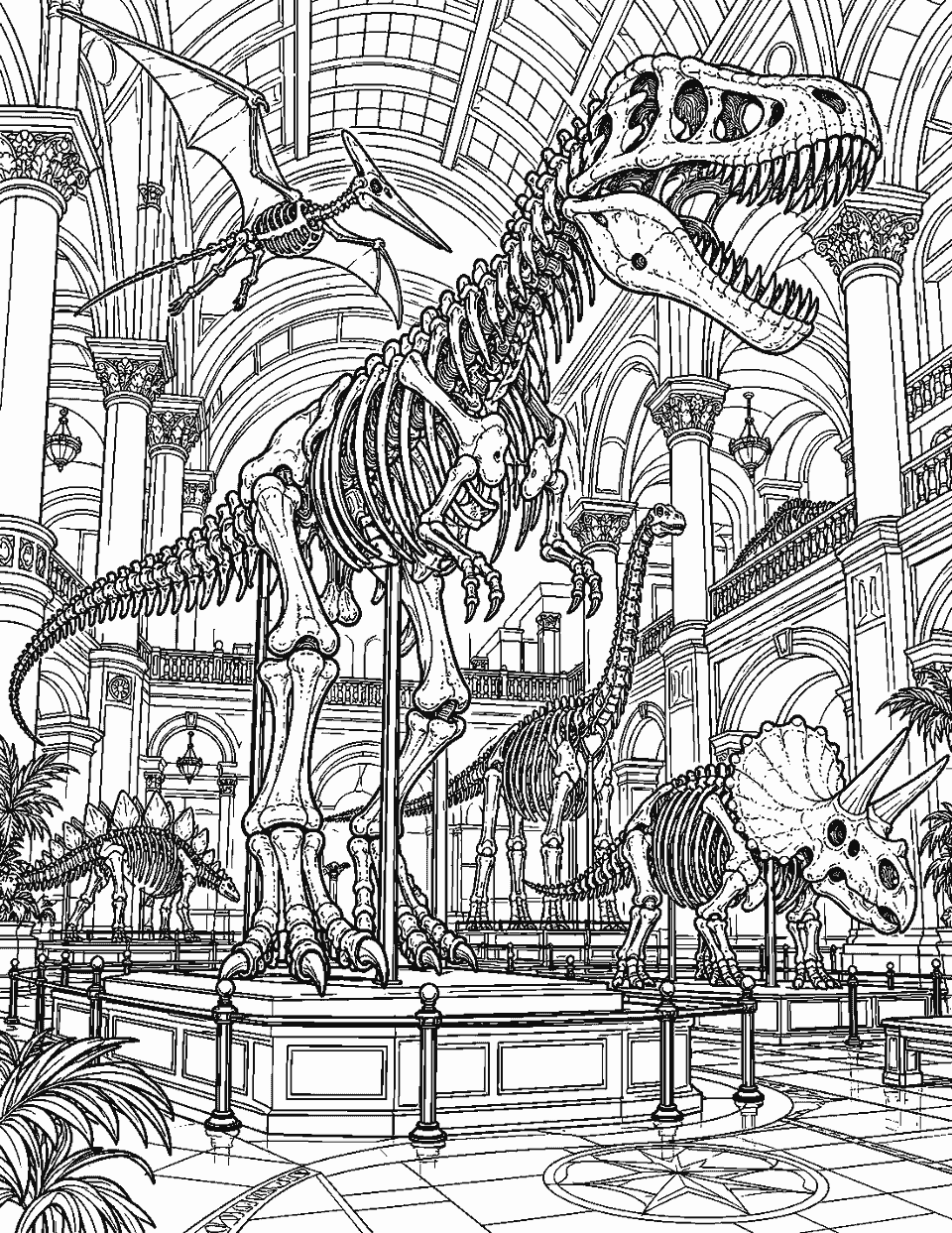 Intricate dinosaur museum hall with mounted skeletons coloring page, black and white line art