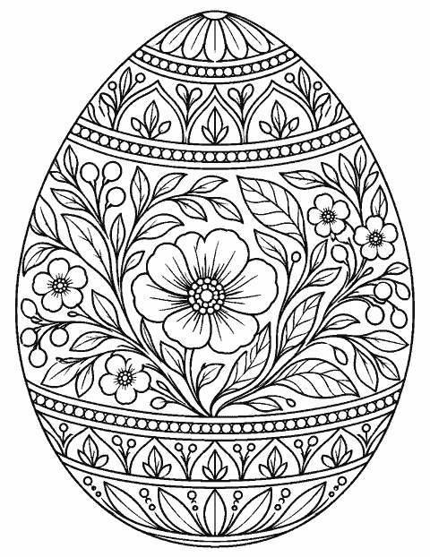Intricate egg decorated with botanical patterns coloring page