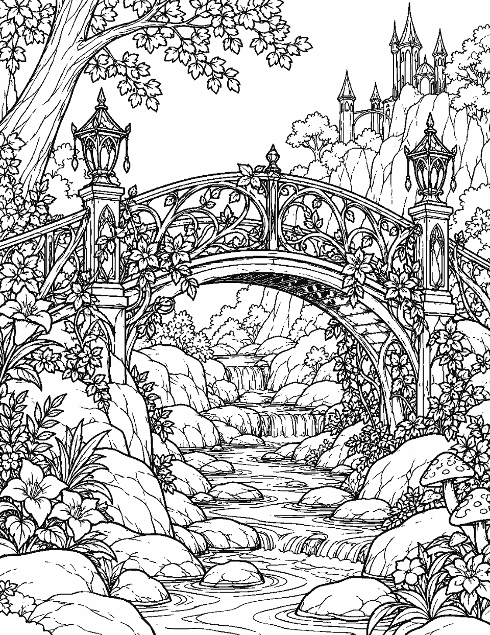 Intricate fairy bridge spanning a stream of stones coloring page, black and white line art