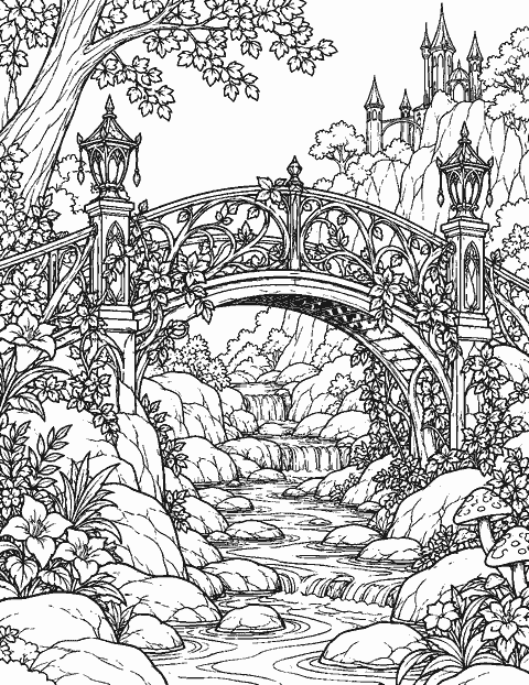 Intricate fairy bridge spanning a stream of stones coloring page