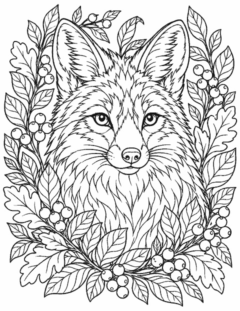 Intricate fox portrait framed by leaves and berries coloring page