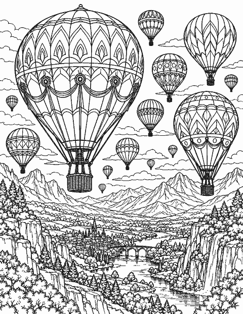 Intricate hot air balloon fleet above a valley coloring page