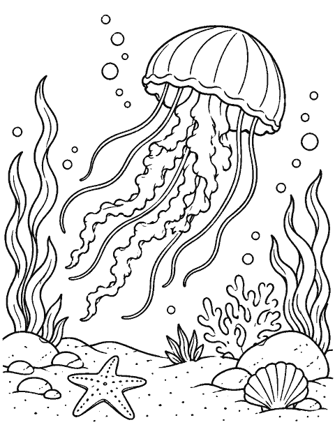 Jellyfish drifting above a sandy seabed coloring page
