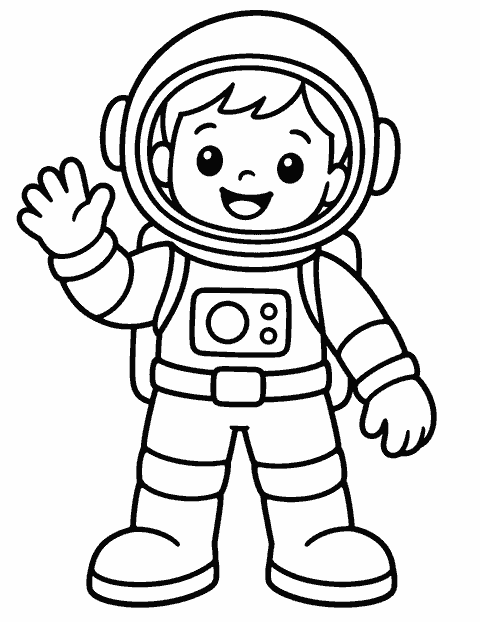 Kid astronaut waving coloring page