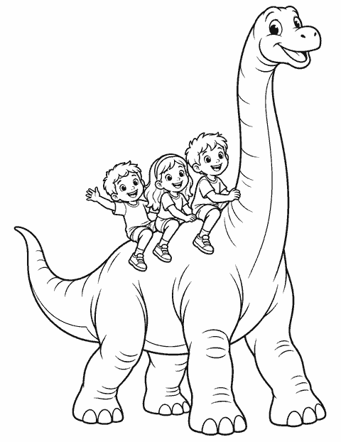 Kids riding a friendly Brachiosaurus coloring page