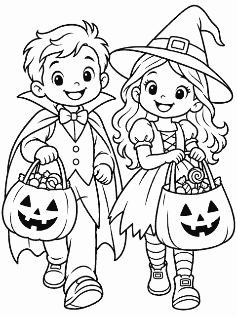 Kids trick-or-treating coloring page