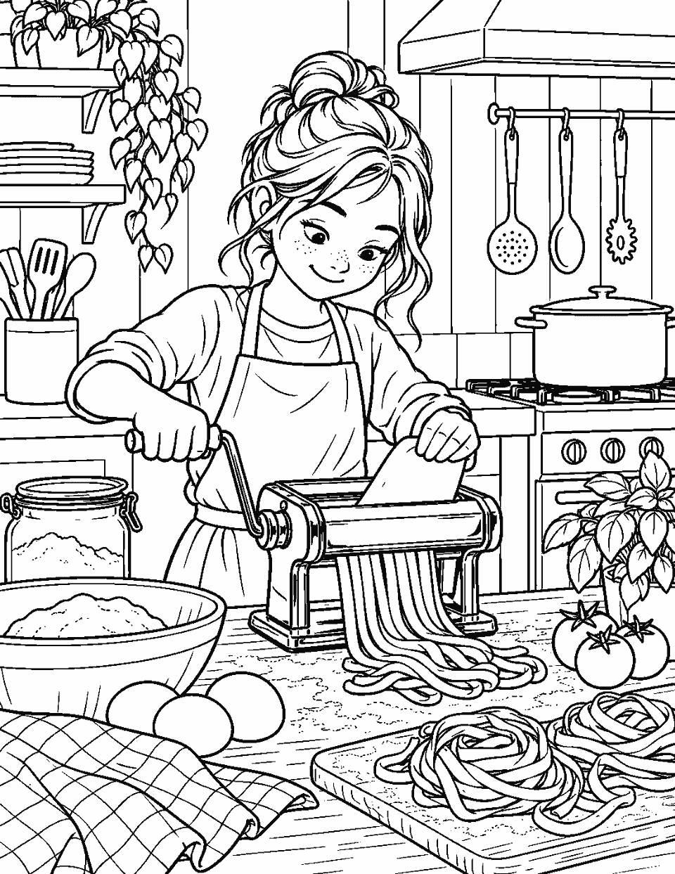 Kitchen scene with a child making pasta coloring page, black and white line art