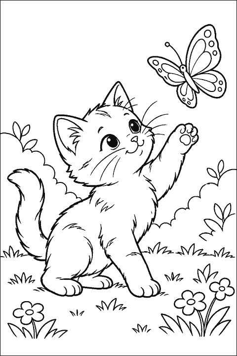 Kitten reaching one paw toward a butterfly coloring page