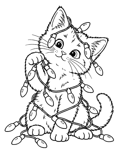 Kitten tangled gently in a string of holiday lights coloring page