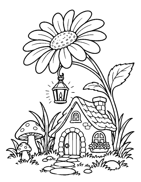 Lantern-lit cottage beneath a daisy coloring page