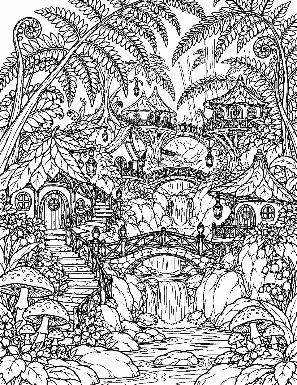 Layered fairy village under fern canopies coloring page, black and white line art