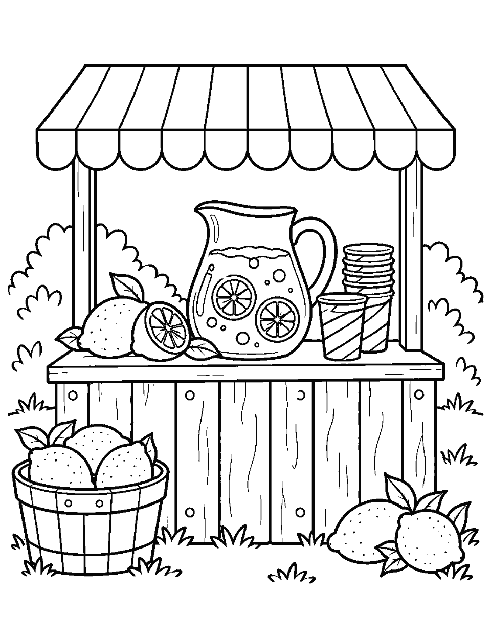 Lemonade stand with lemons and striped cups coloring page, black and white line art
