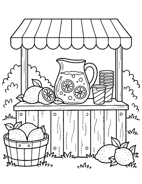 Lemonade stand with lemons and striped cups coloring page