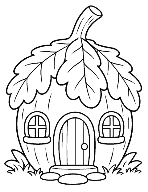Little acorn house with a leaf roof coloring page