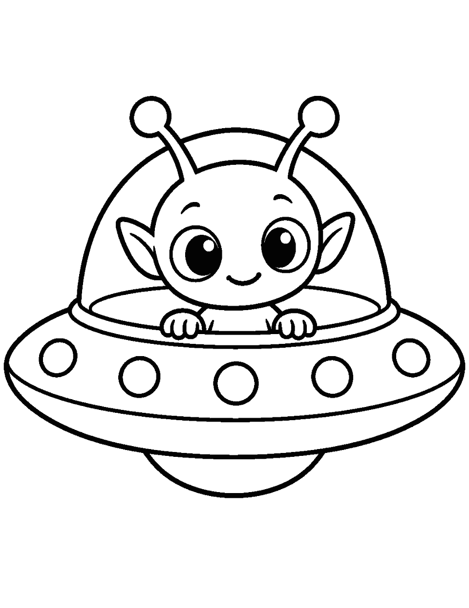 Little alien peeking out of a flying saucer coloring page, black and white line art