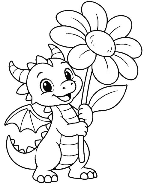 Little dragon holding an oversized flower coloring page