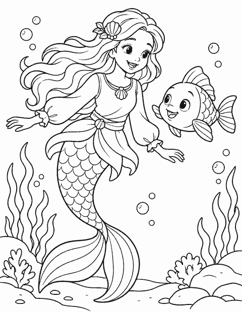Little mermaid and her fish friend coloring page