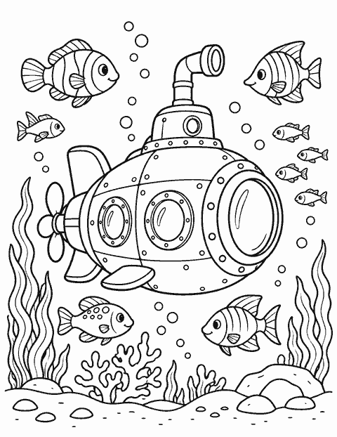 Little submarine and fish coloring page