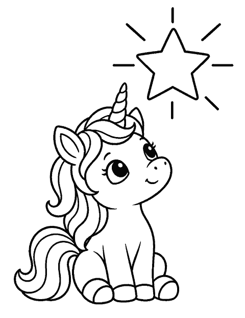 Little unicorn sitting beneath one big star coloring page