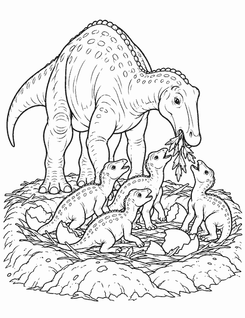 Maiasaura feeding her babies coloring page