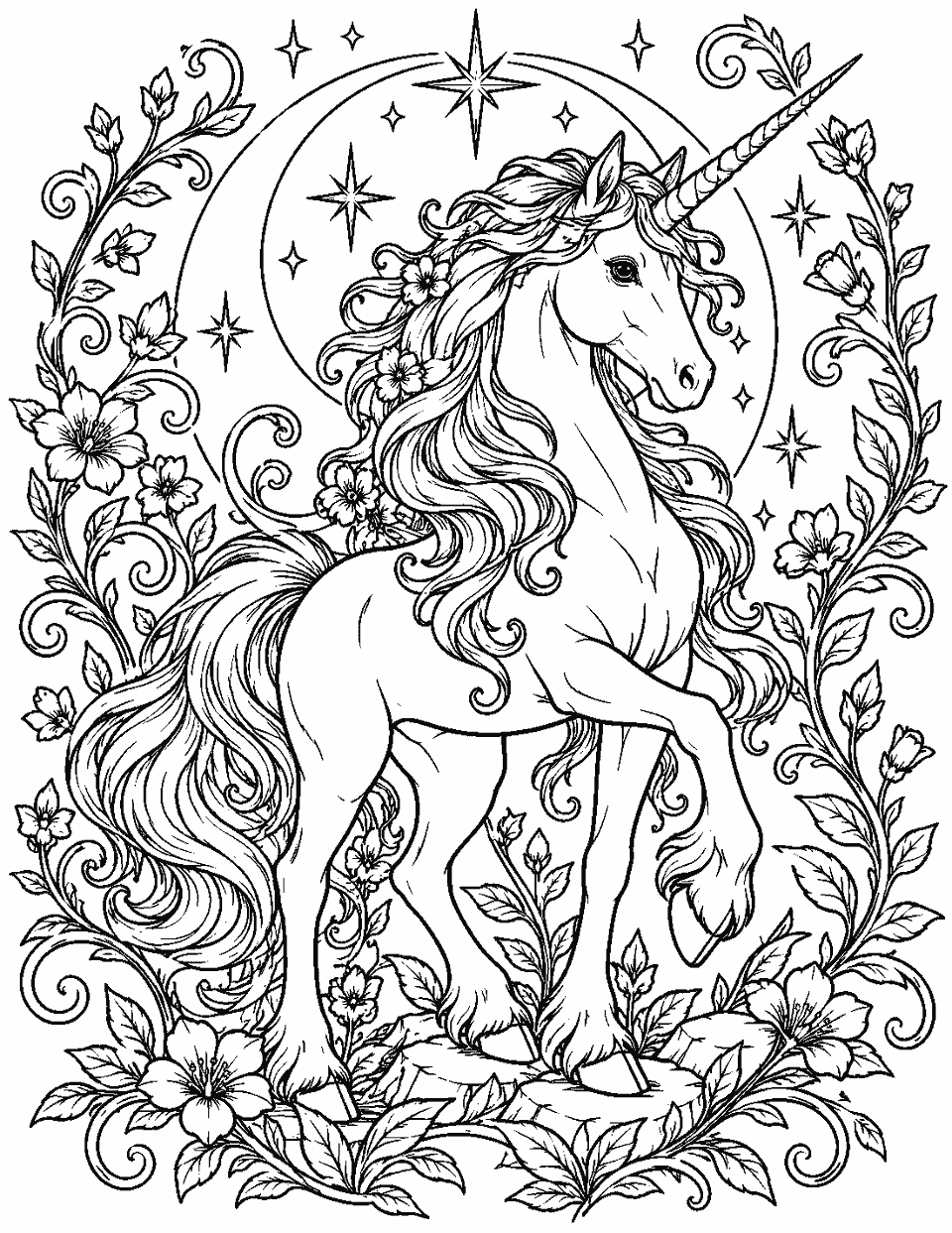 Majestic unicorn framed by curling vines and stars coloring page, black and white line art