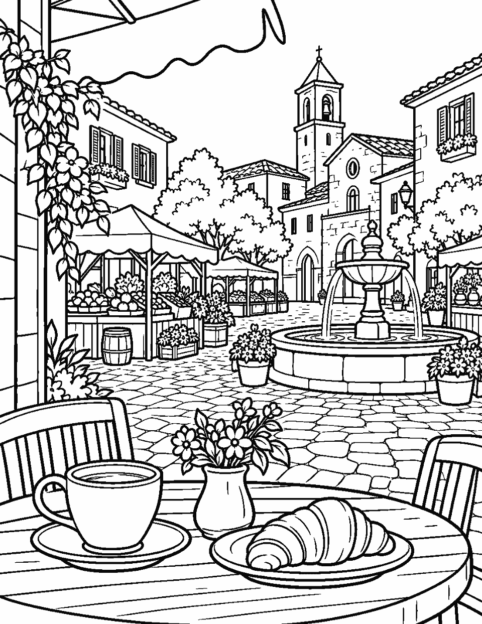Market square viewed from a traveler's cafe table coloring page, black and white line art