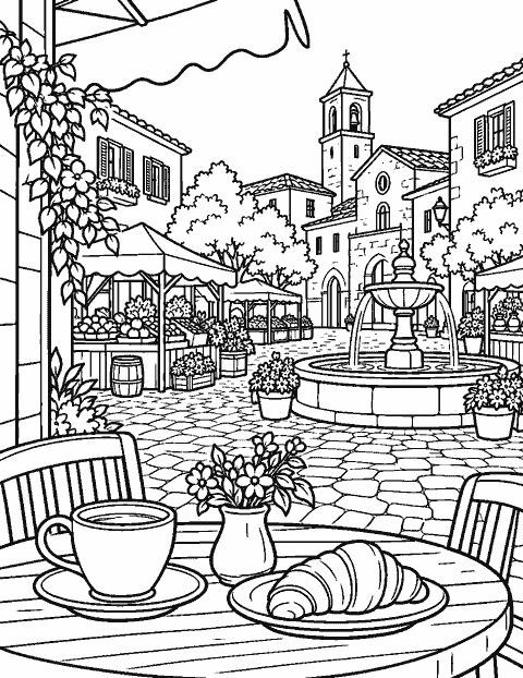 Market square viewed from a traveler's cafe table coloring page