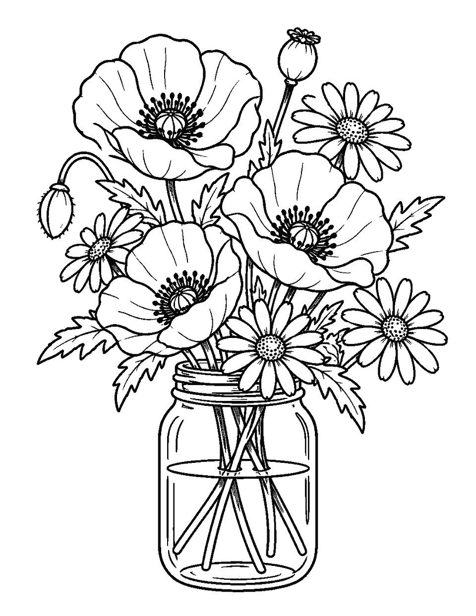Mason jar bouquet of poppies and daisies coloring page, black and white line art