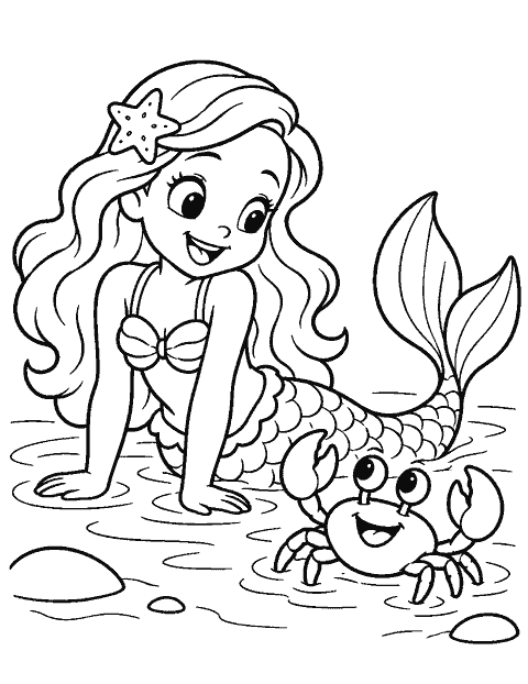 Mermaid and a smiling crab in shallow water coloring page