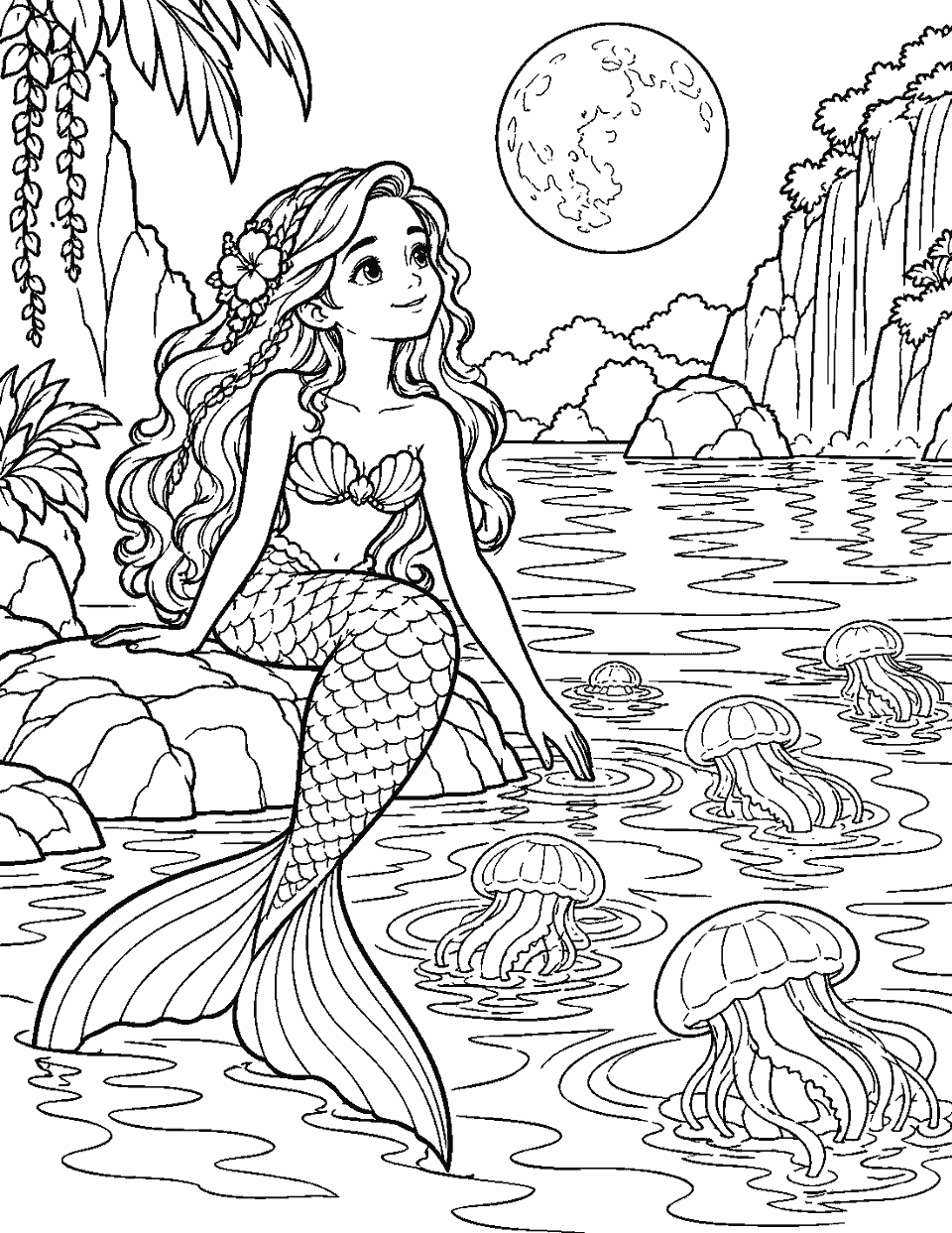Mermaid at a moonlit lagoon with glowing jellyfish coloring page, black and white line art